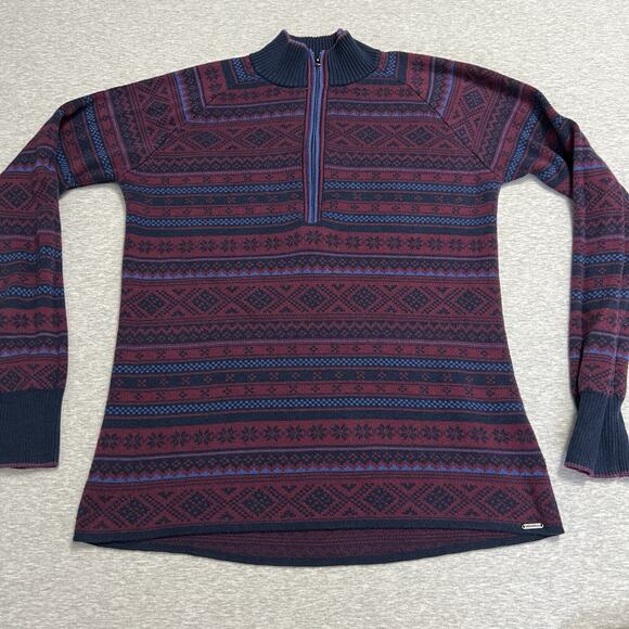 Eddie Bauer Fair Isle Nordic Sweater Womens Large 1/2 Zip Blue Colorful Cotton - Picture 1 of 11